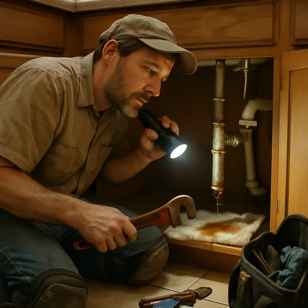 Emergency plumber inspects corroded leaking pipe under sink in Sunnyvale home