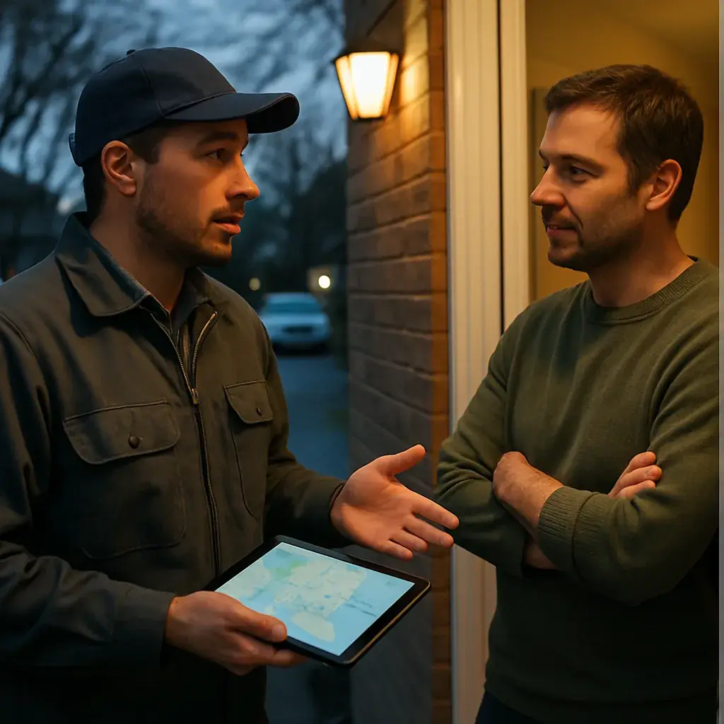 Emergency plumbing technician explains service area limits to Sunnyvale homeowner at door