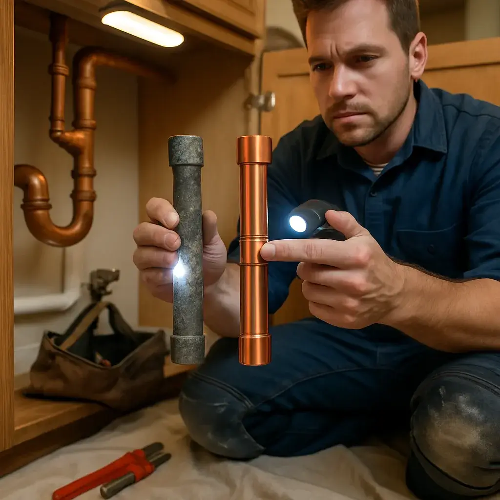 Plumber compares corroded pipe to new copper pipe during emergency plumbing repair