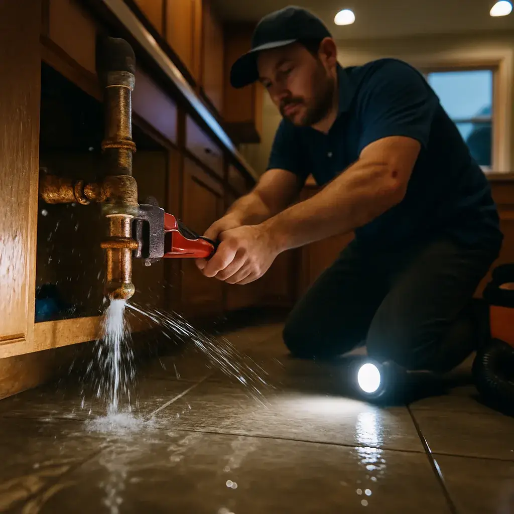 Plumber repairs burst pipe during emergency plumbing call in Sunnyvale home