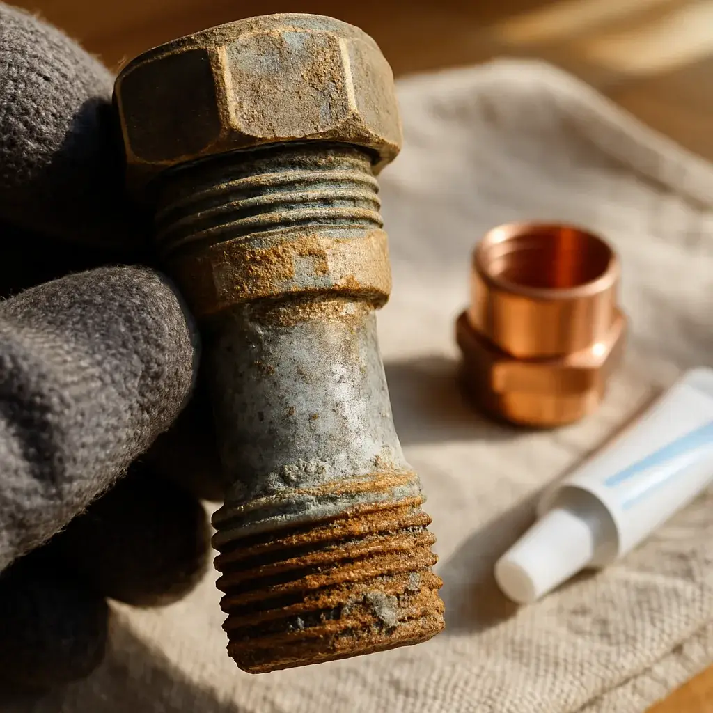 emergency-plumbing-corroded-fitting-cost-driver-closeup Corroded pipe fitting compared to new part shows emergency plumbing repair cost factor
