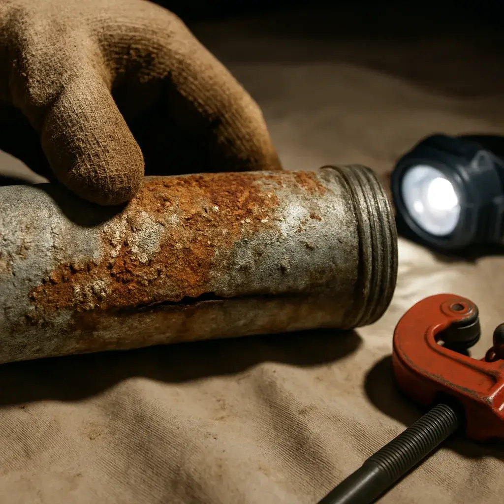 burst-pipe-corrosion-pinhole-leak-closeup Corroded galvanized pipe with pinhole leak from Sunnyvale plumbing repair