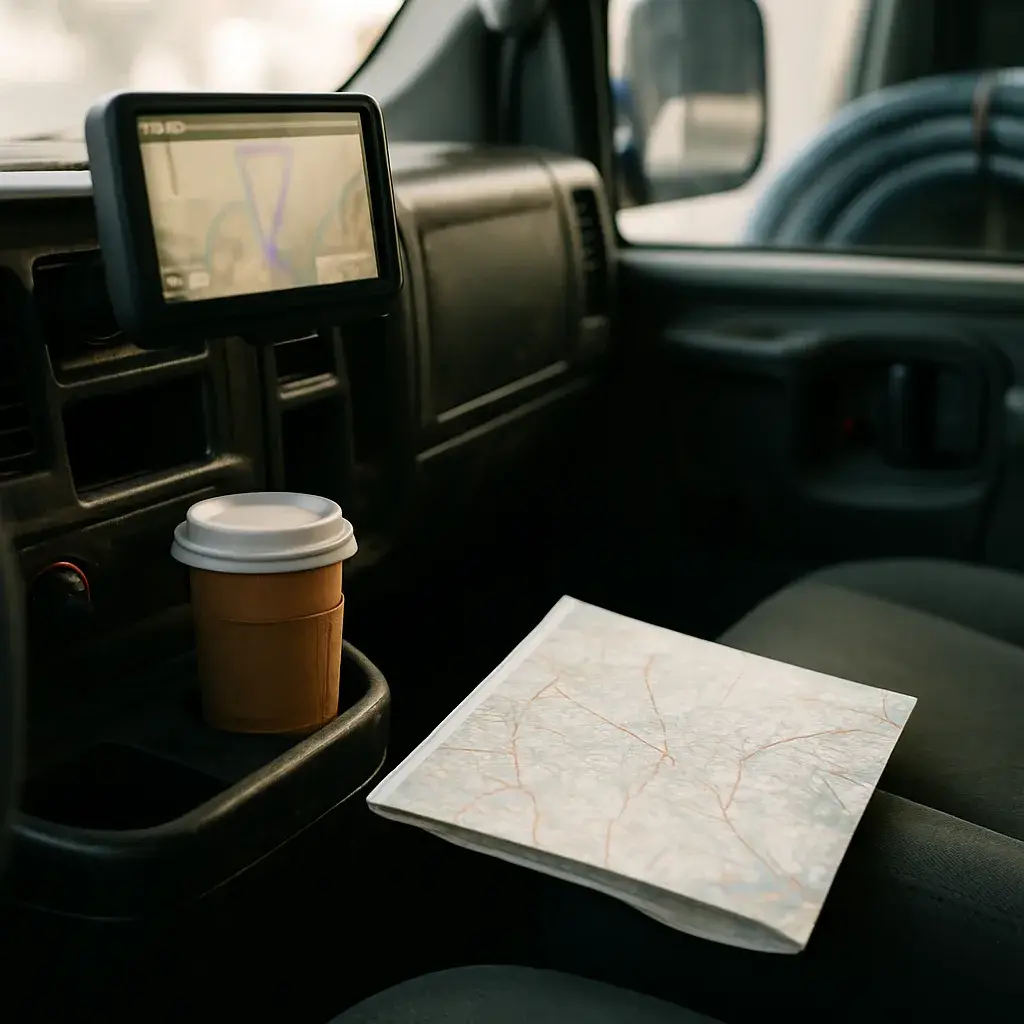 emergency-plumbing-service-van-dashboard-coverage-radius Plumbing service van dashboard with GPS and map used to check emergency response radius