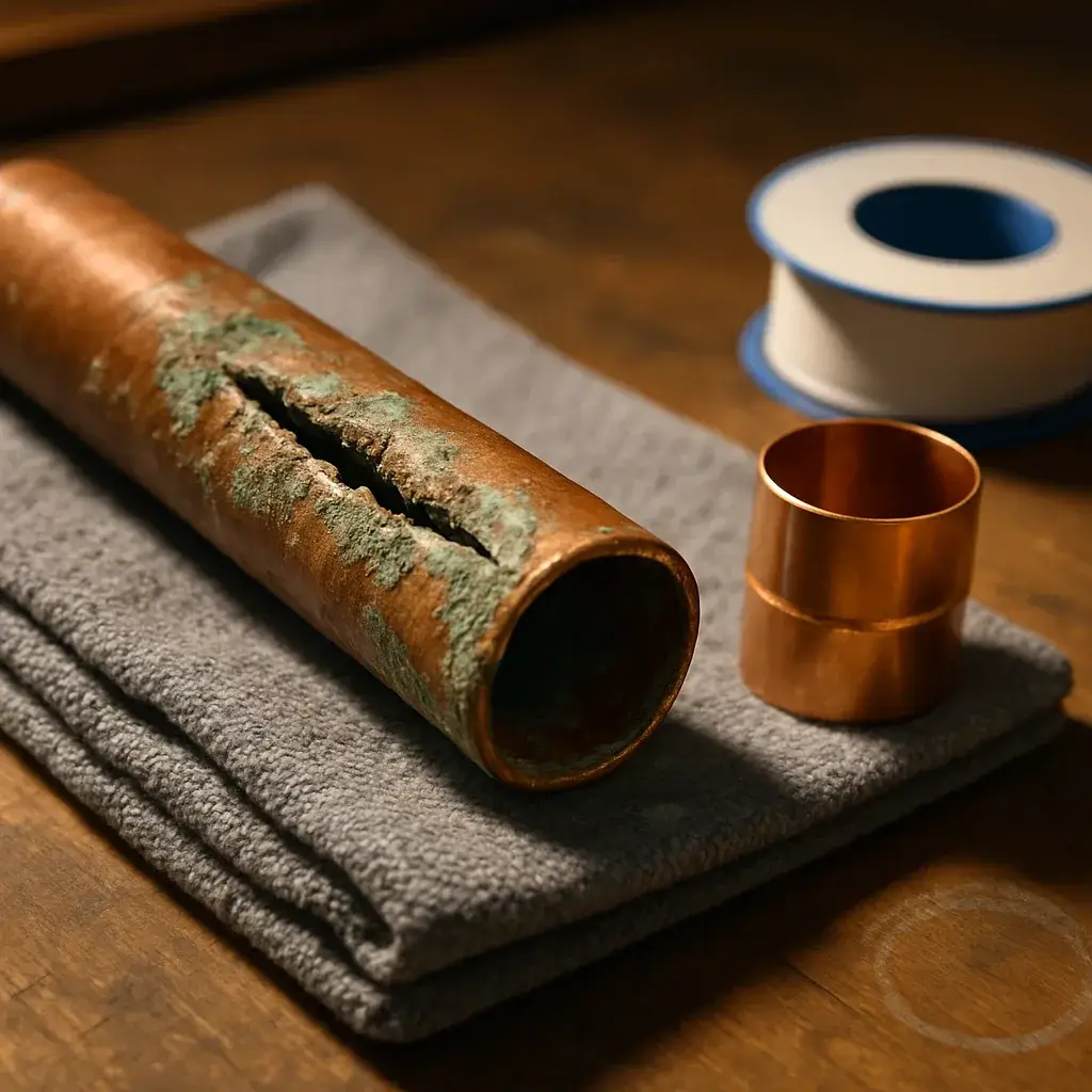 emergency-plumbing-burst-pipe-corrosion-repair-replace-detail Close-up of burst corroded pipe next to new fitting shows repair versus replace decision