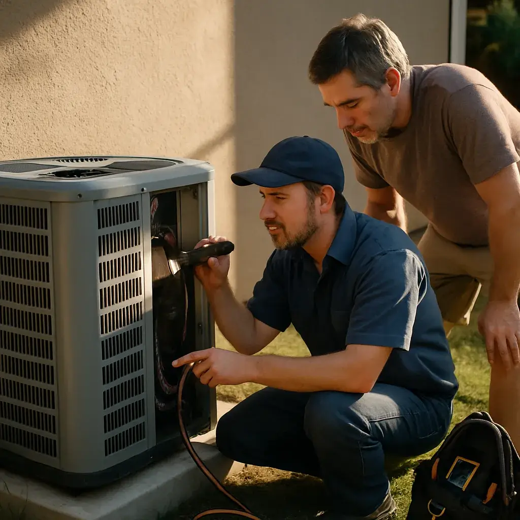 Technician explains AC repair cost factors to homeowner beside condenser in Sunnyvale