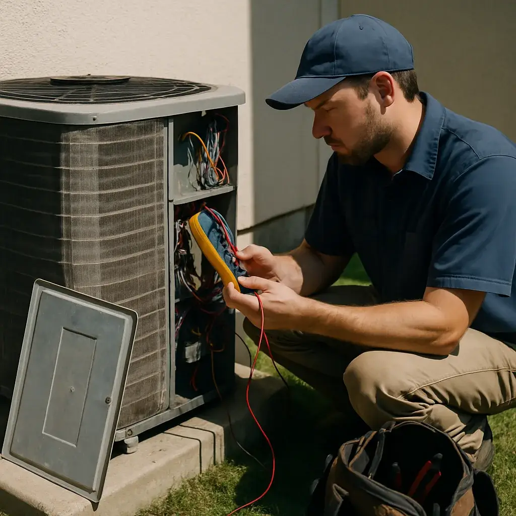 Technician diagnosing emergency AC repair issue on outdoor unit in Sunnyvale