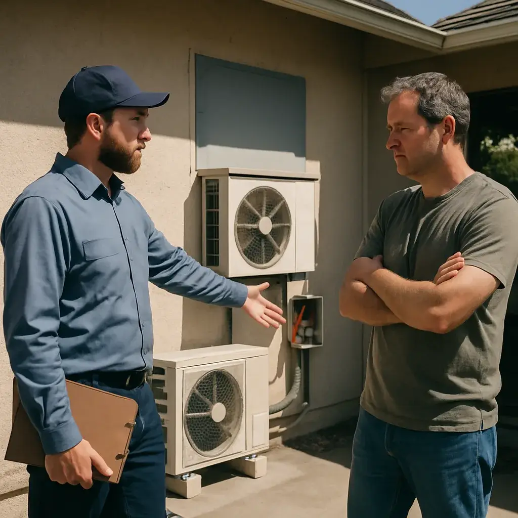 Technician explains AC repair limits to homeowner over mismatched outdoor unit in Sunnyvale