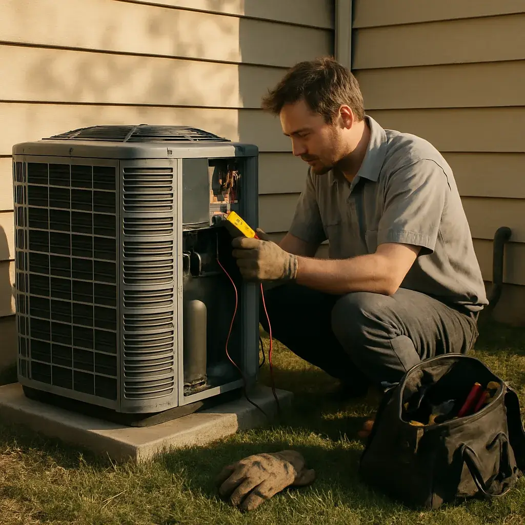 Technician diagnosing AC condenser unit during emergency repair in Sunnyvale home