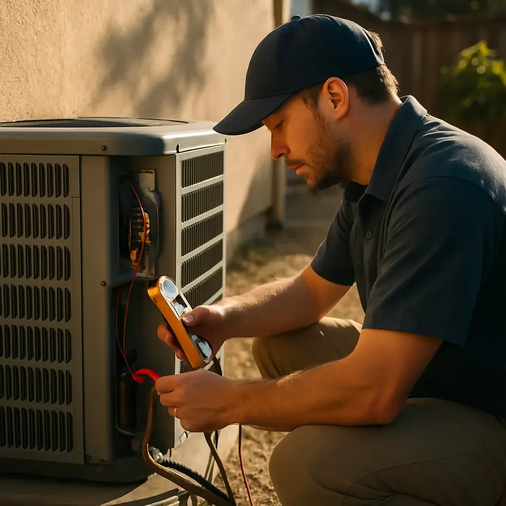 Technician checks AC condenser wiring during emergency repair call in Sunnyvale
