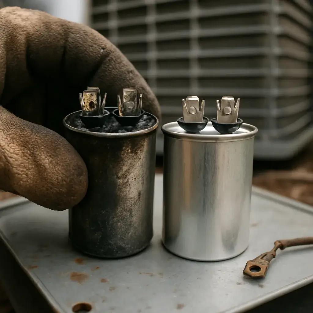 Close-up of burnt AC capacitor part replaced during emergency repair in Sunnyvale