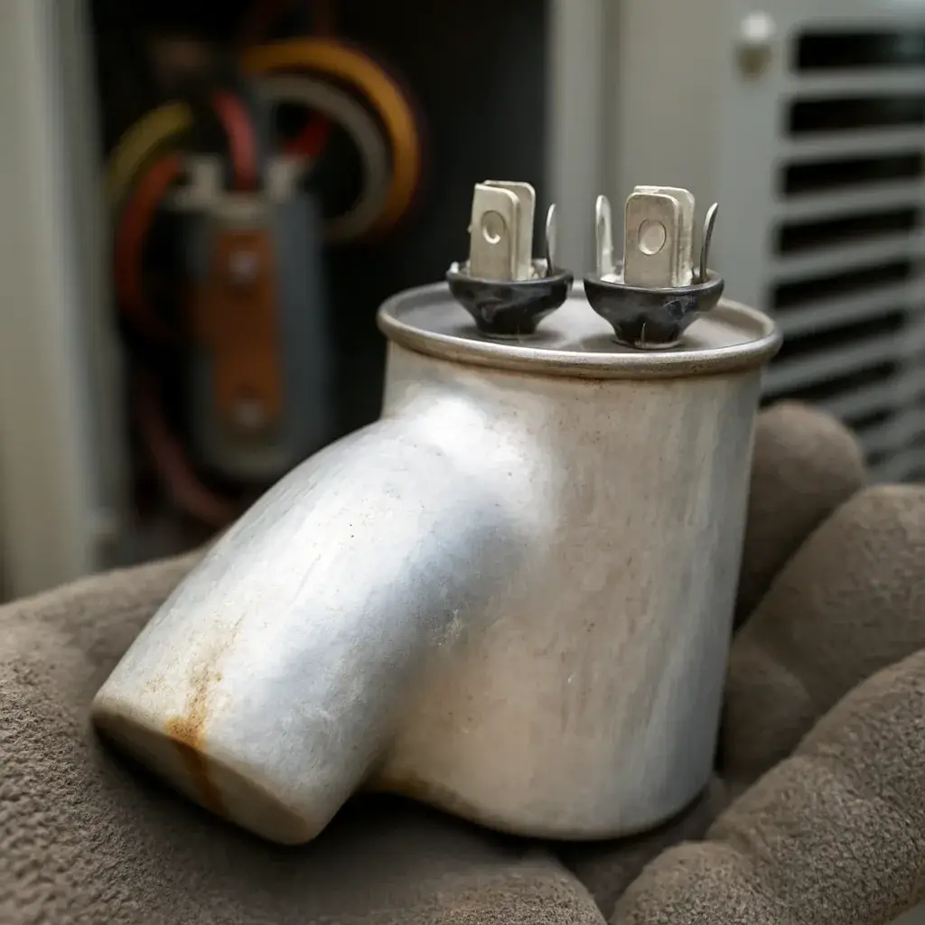 Bulged failed AC capacitor found during same-day emergency repair in Sunnyvale