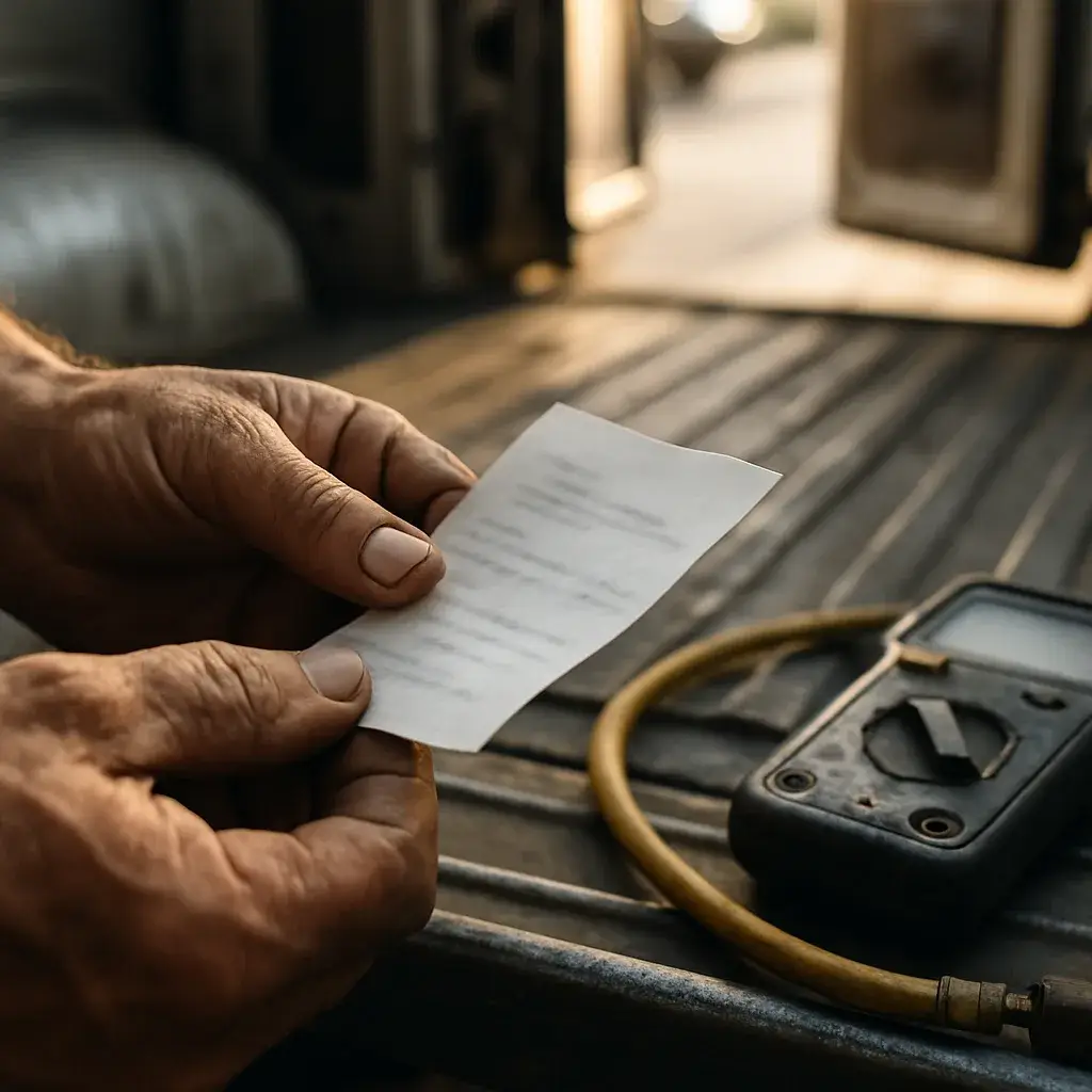 same-day-ac-repair-scope-review-van-tailgate Technician's hands hold job paperwork near tools in Sunnyvale AC service van