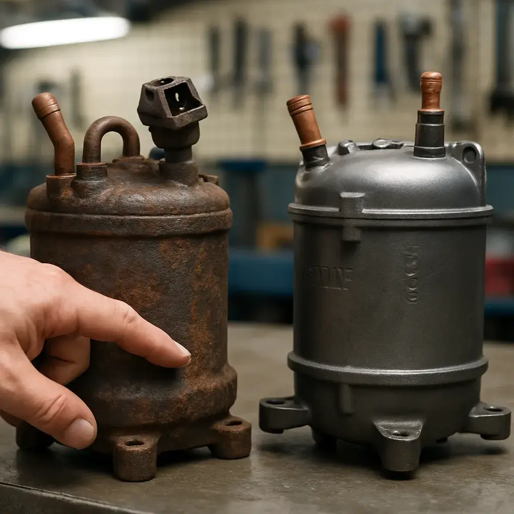 Old corroded AC compressor beside newer replacement unit in Sunnyvale HVAC shop