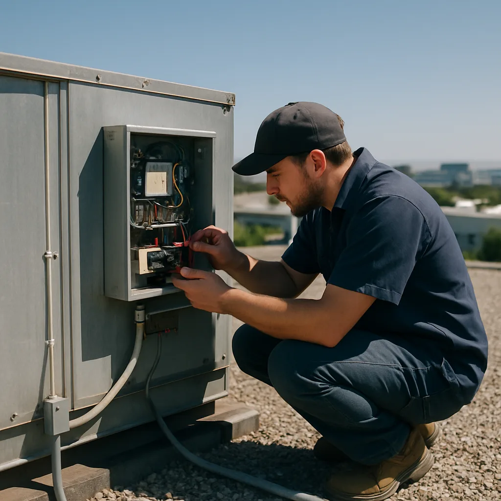Technician wiring energy management system on rooftop HVAC unit in Sunnyvale