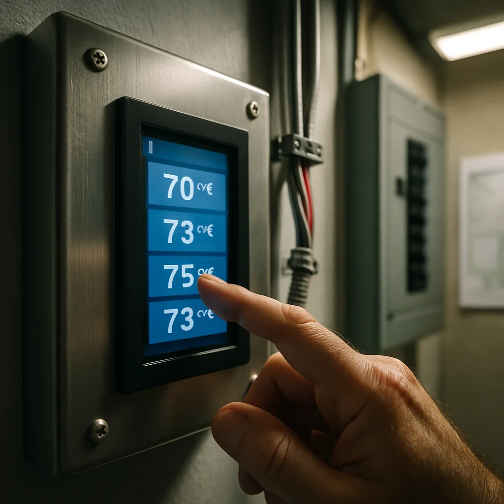 energy-management-system-control-panel-detail-sunnyvale Hand adjusting energy management system touchscreen panel in Sunnyvale building