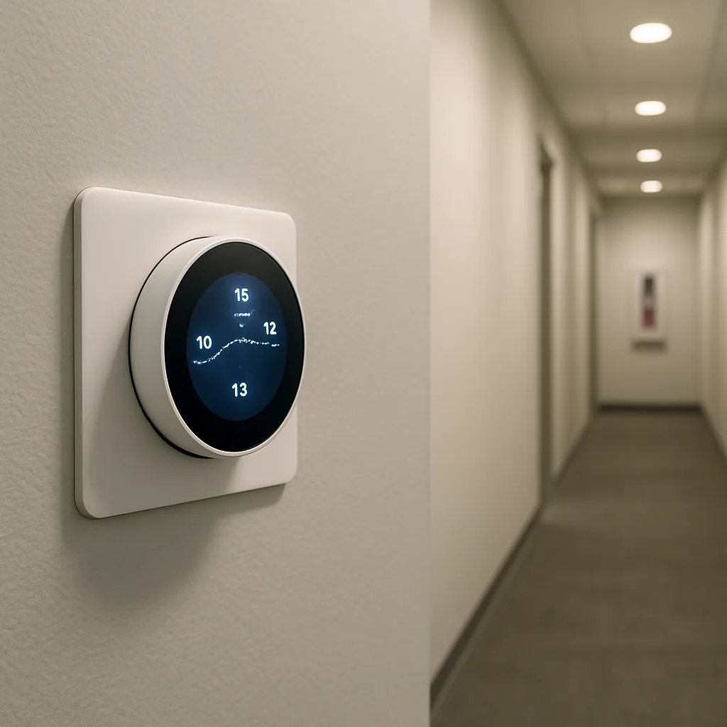 smart-thermostat-installation-result-sunnyvale-office Smart thermostat installed on office hallway wall in Sunnyvale building