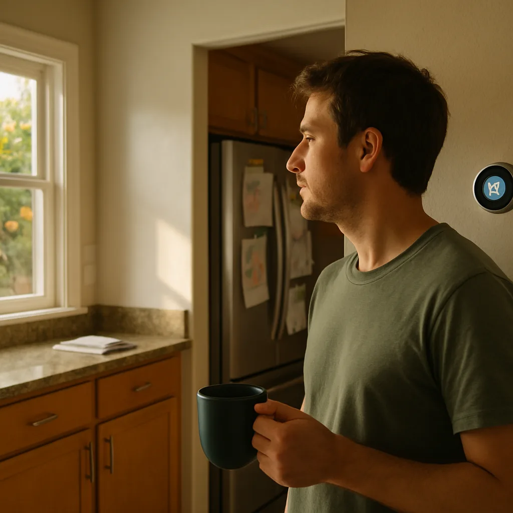 smart-thermostat-home-use-sunnyvale-kitchen Homeowner checking smart thermostat display in Sunnyvale kitchen hallway