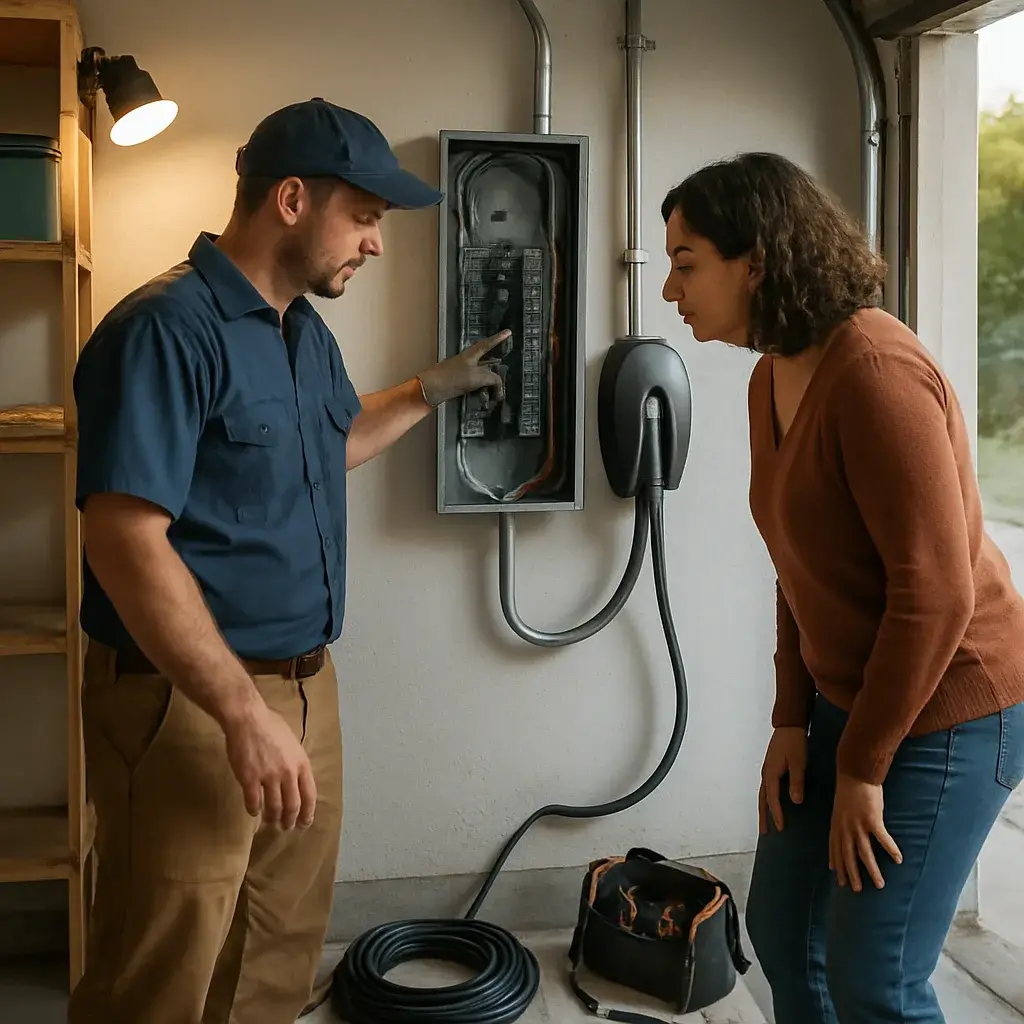 Contractor explains EV charger installation wiring to homeowner in Sunnyvale garage