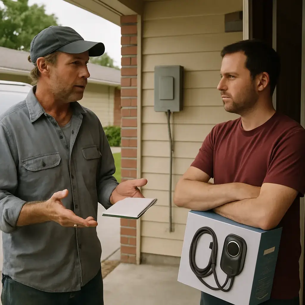 HVAC contractor discusses EV charger installation fit with Sunnyvale homeowner at door
