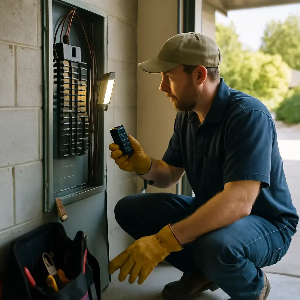 Electrician assessing home panel for EV charger installation circuit in Sunnyvale