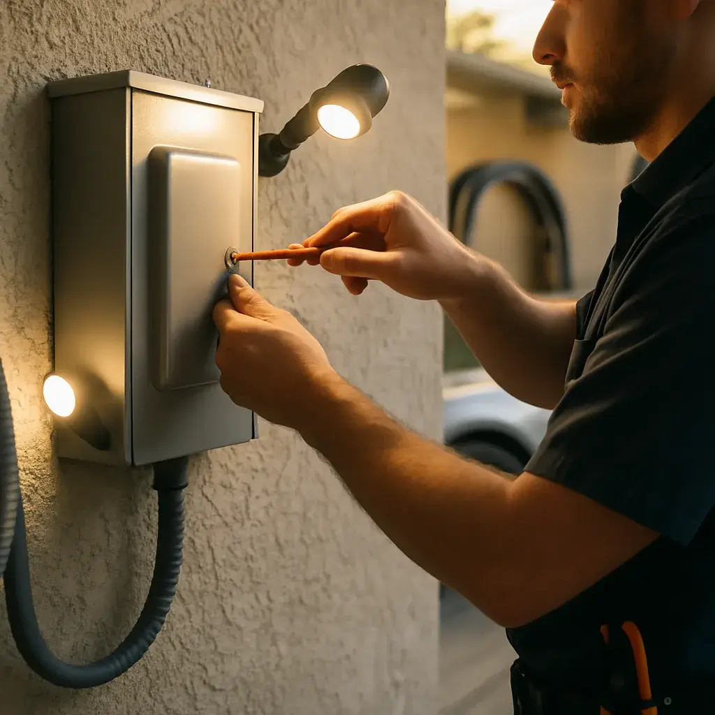 Electrician inspecting home electrical panel before EV charger installation in Sunnyvale