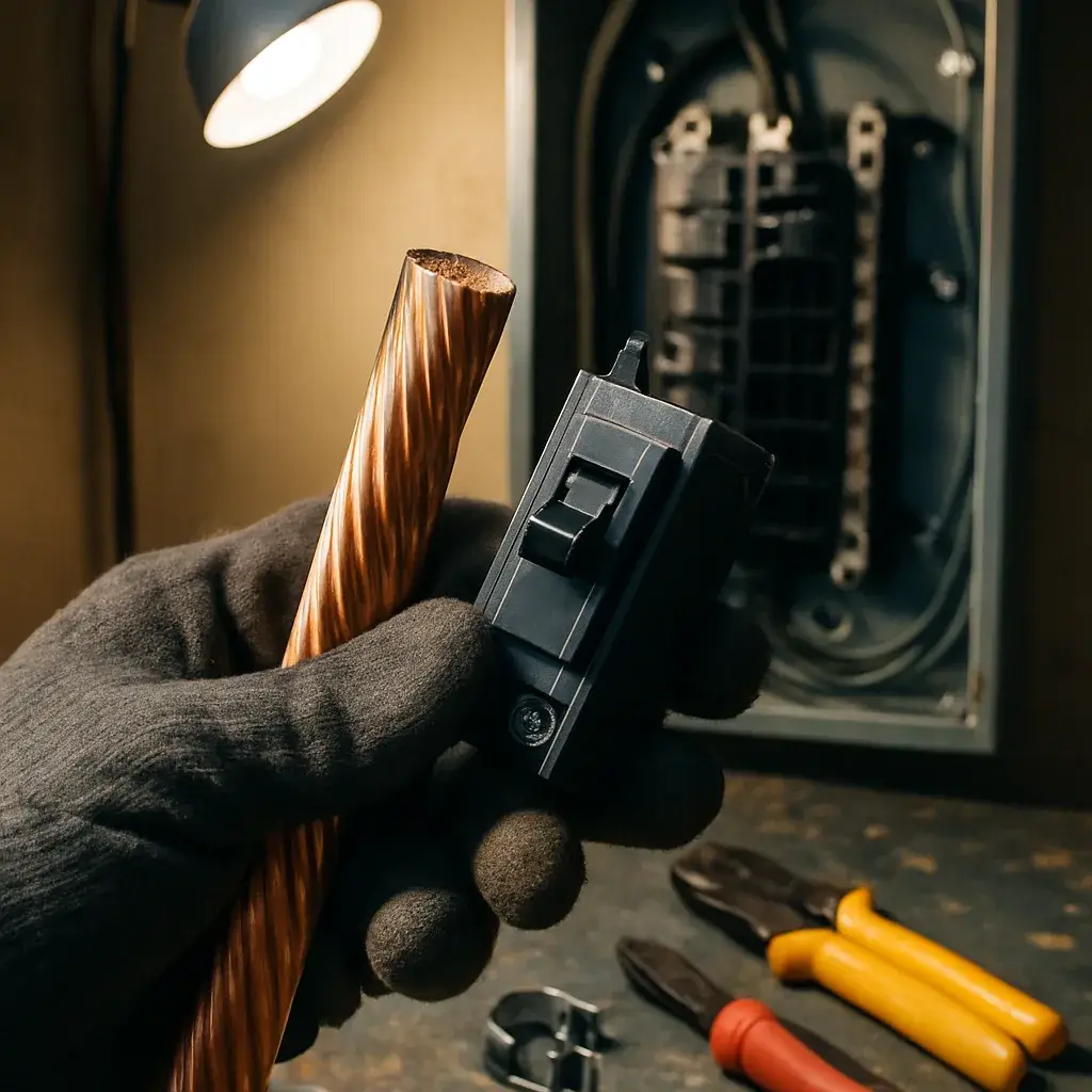ev-charger-installation-circuit-breaker-copper-wire-cost-driver Close-up of circuit breaker and copper wiring used in EV charger installation cost