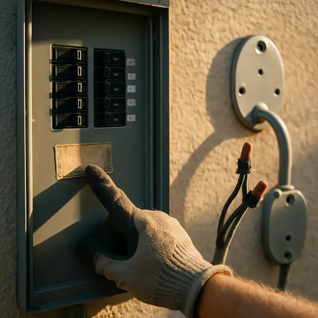 ev-charger-installation-electrical-panel-scope-check Open electrical panel showing unconnected EV charger wiring during Sunnyvale site check