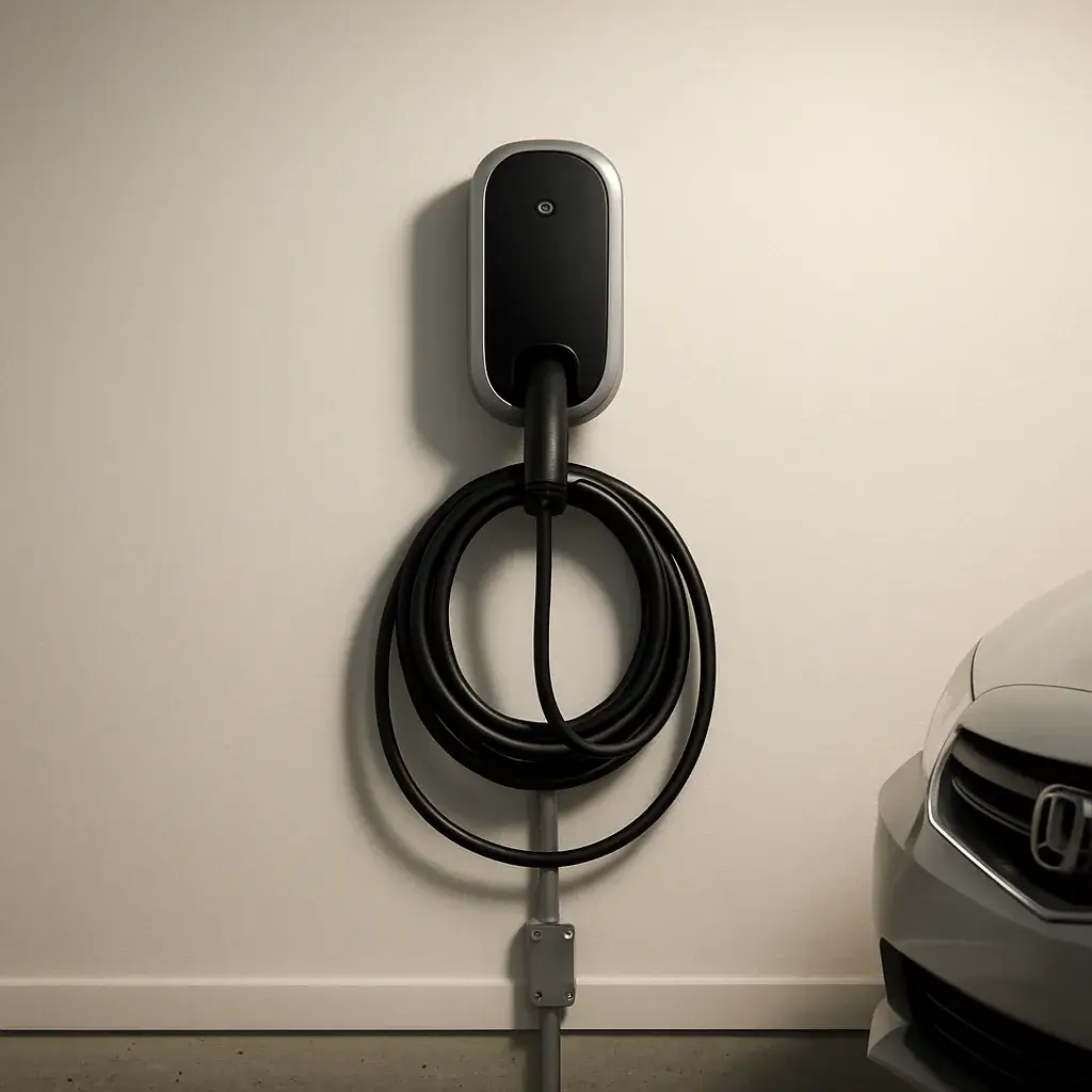 ev-charger-installation-completed-level2-charger-sunnyvale Completed Level 2 EV charger mounted in Sunnyvale home garage after installation
