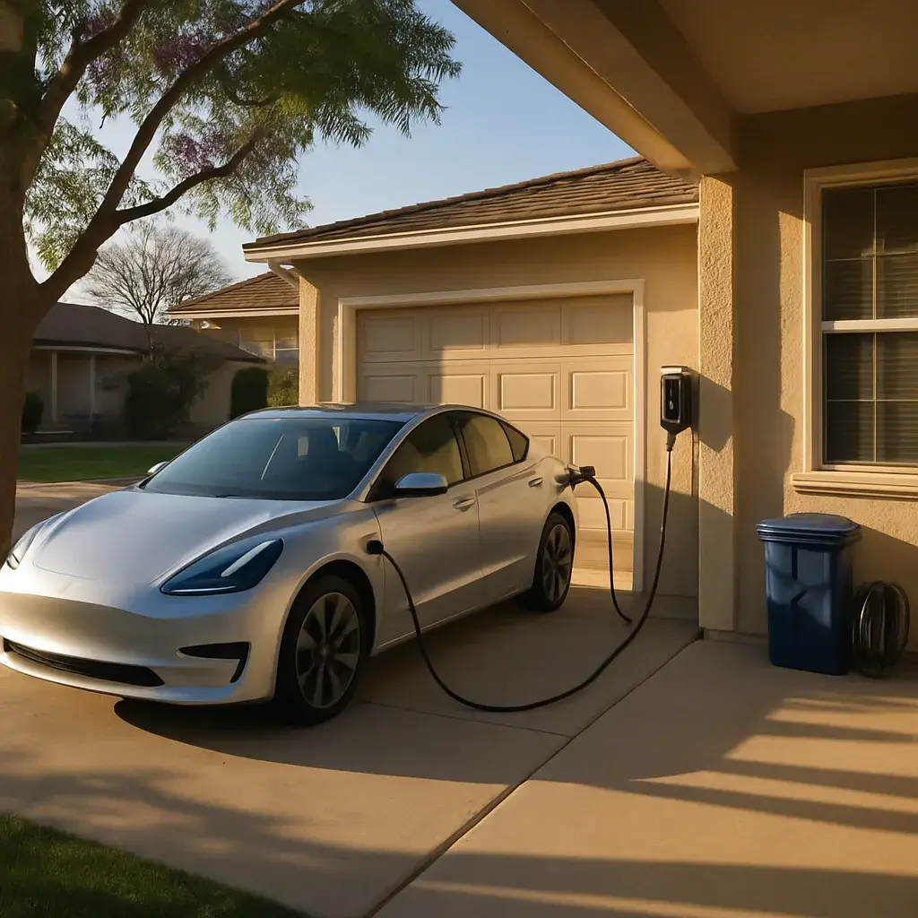 ev-charger-installation-home-driveway-charging-sunnyvale Electric car charging in driveway after home EV charger installation in Sunnyvale
