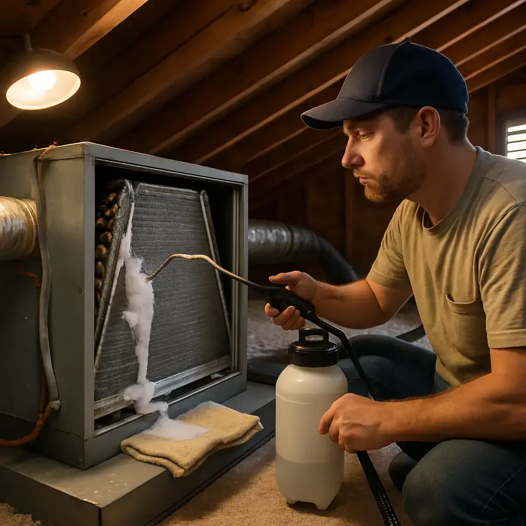 Technician cleaning evaporator coil in Sunnyvale attic HVAC air handler unit