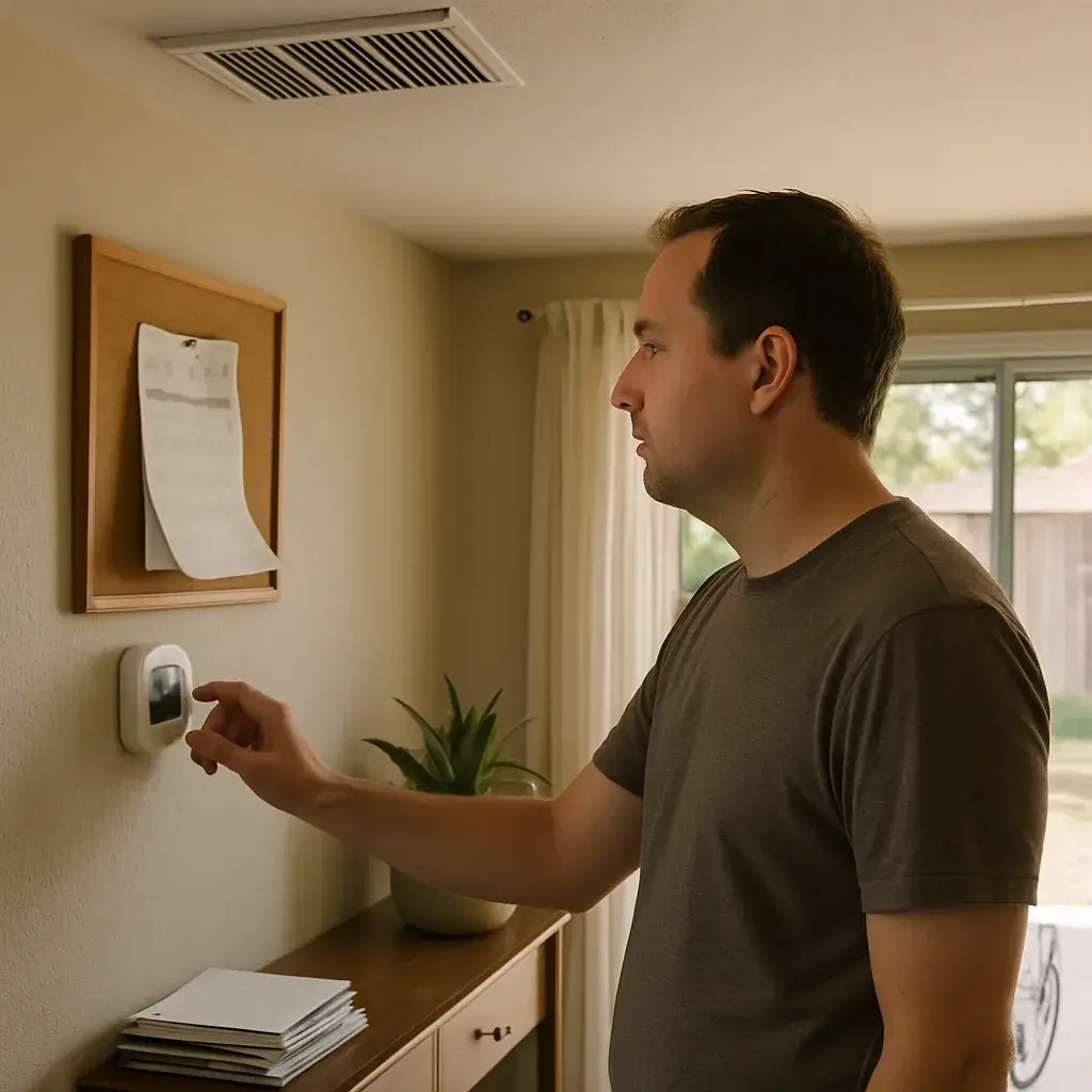 weak-airflow-thermostat-check-sunnyvale-home Homeowner checking thermostat due to weak airflow needing coil cleaning Sunnyvale