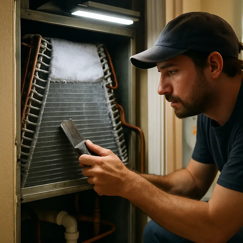 Technician repairing frosted evaporator coil during HVAC service in Sunnyvale home