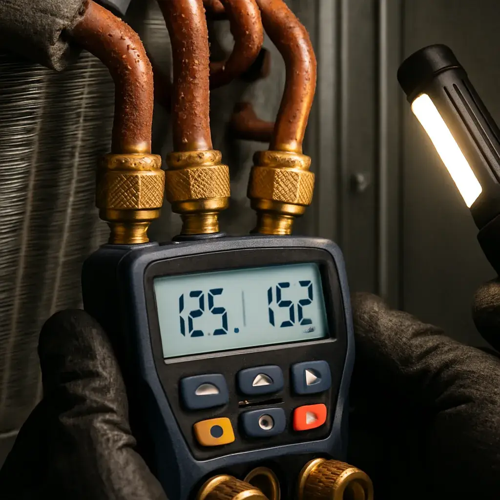 evaporator-coil-repair-refrigerant-gauge-check-sunnyvale Gauge reading refrigerant pressure on evaporator coil lines in Sunnyvale repair