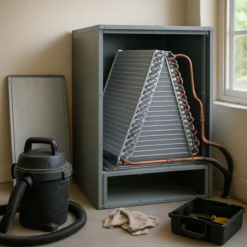 evaporator-coil-repair-finished-clean-coil-sunnyvale Repaired evaporator coil restored and clean after HVAC service in Sunnyvale