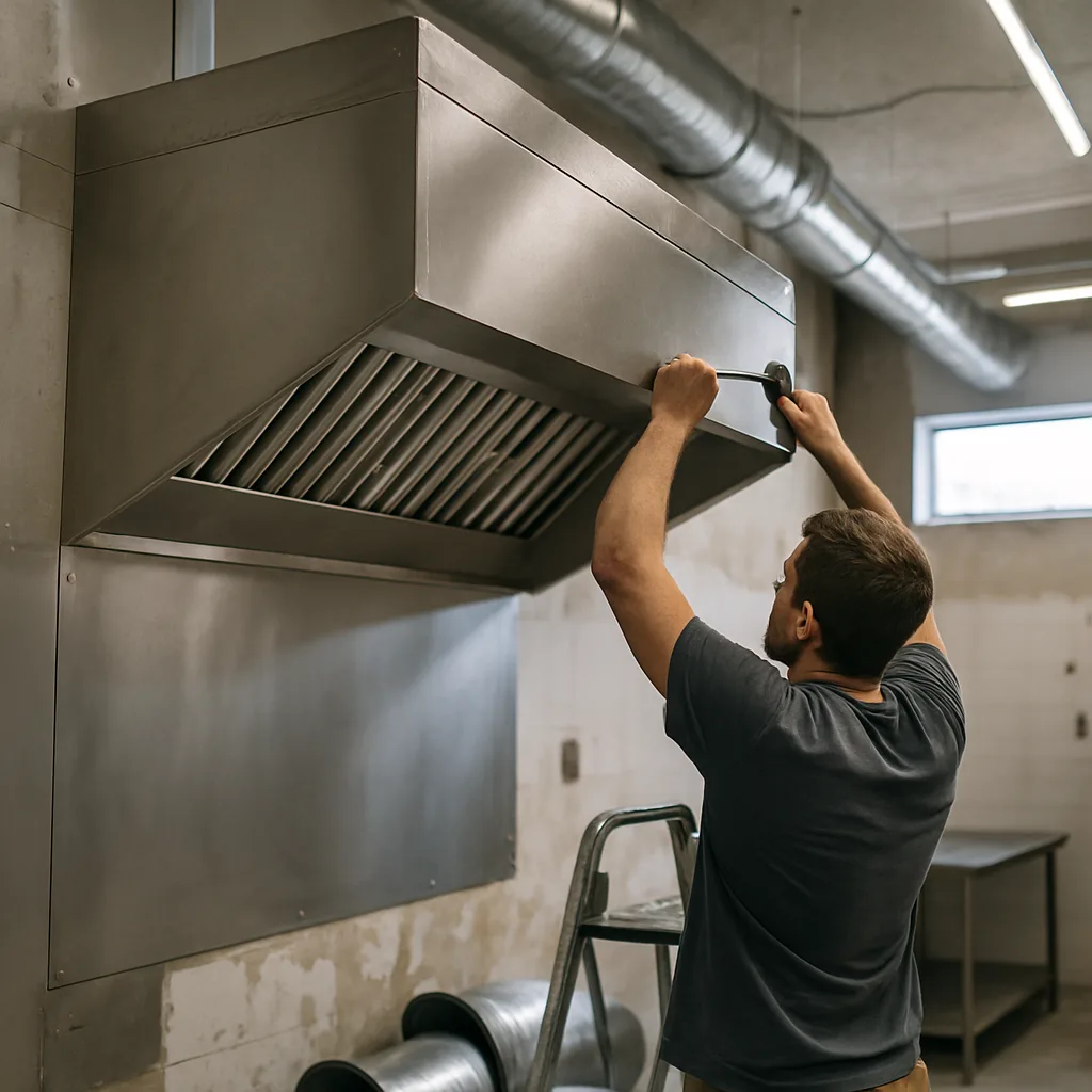 Installer bolts new commercial exhaust hood above kitchen cookline in Sunnyvale