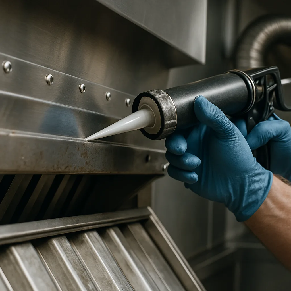 exhaust-hood-seam-sealing-baffle-filter-sunnyvale Technician sealing seams on stainless exhaust hood filter track in Sunnyvale kitchen