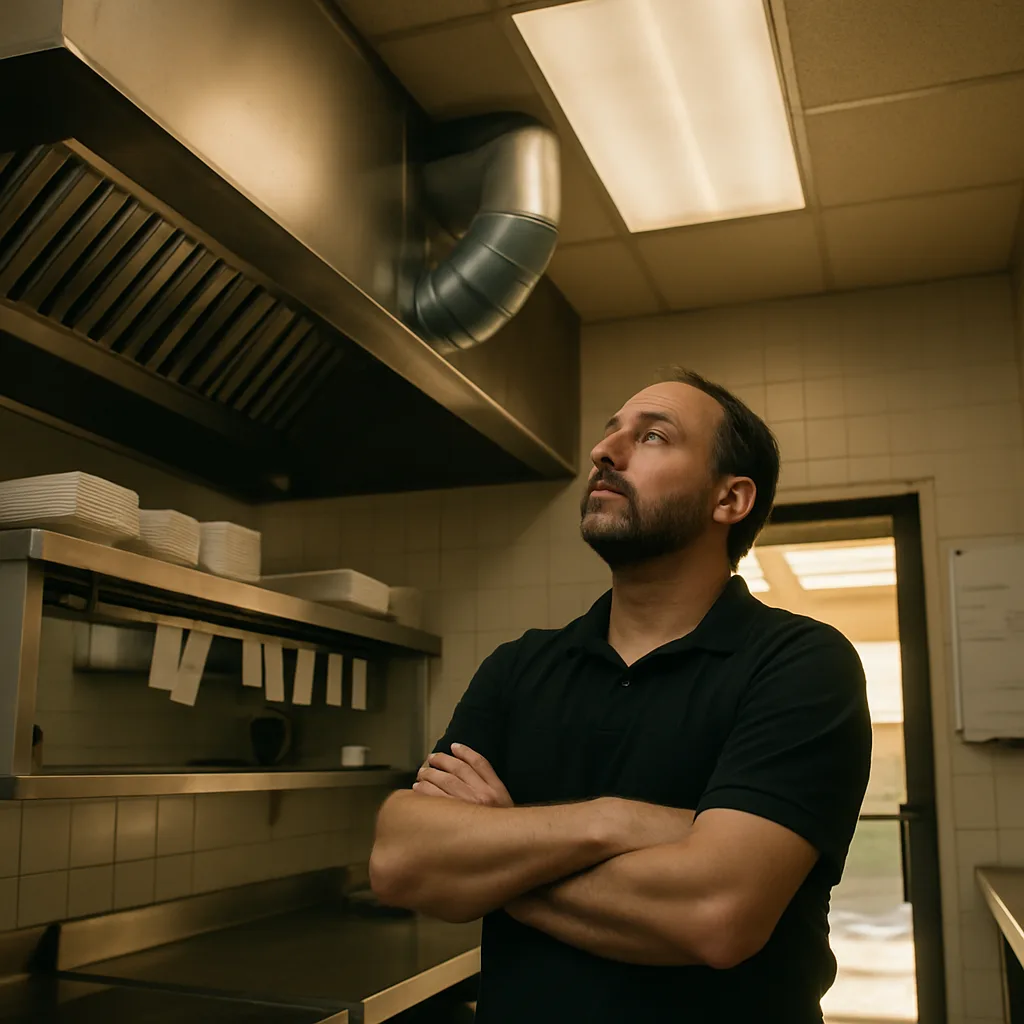 exhaust-hood-ductwork-customer-view-sunnyvale Kitchen manager checking new exhaust hood ductwork in Sunnyvale restaurant