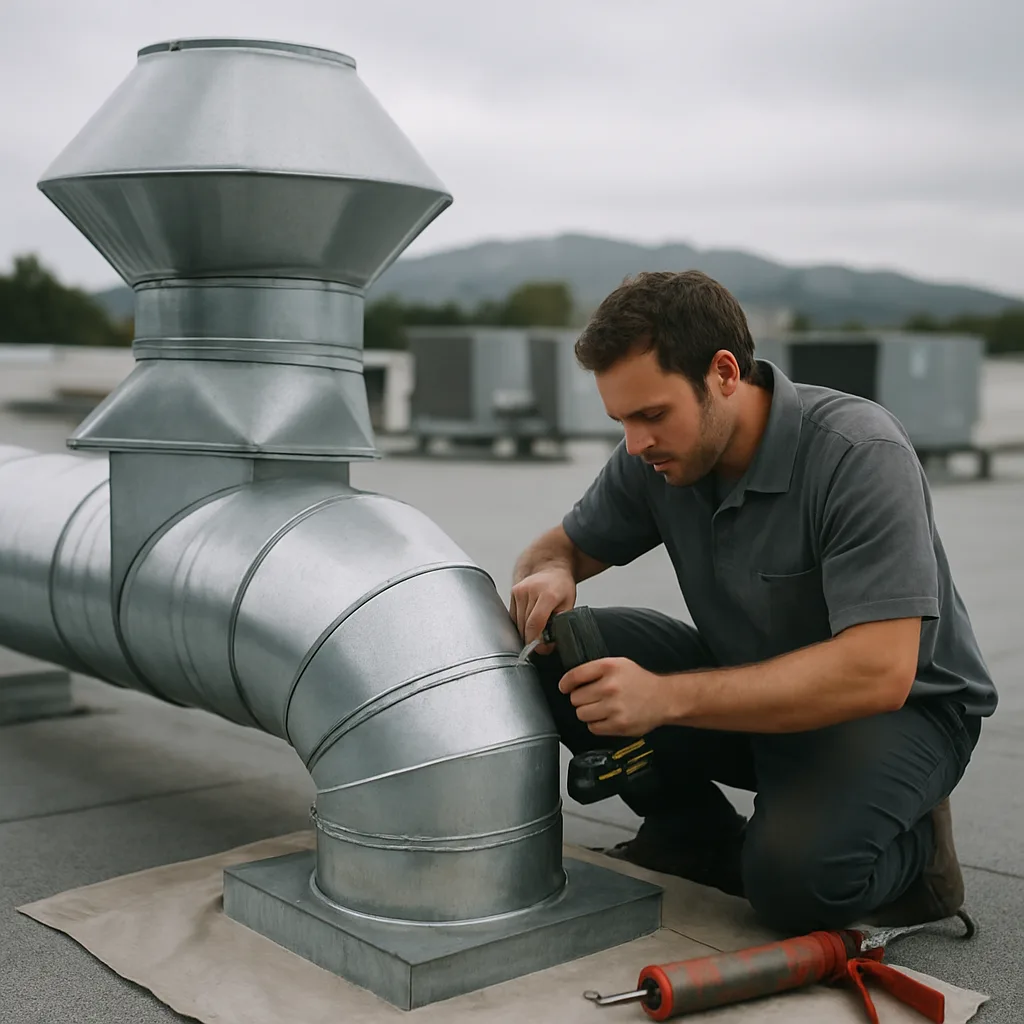 Technician installing rooftop exhaust duct system during Sunnyvale HVAC installation job