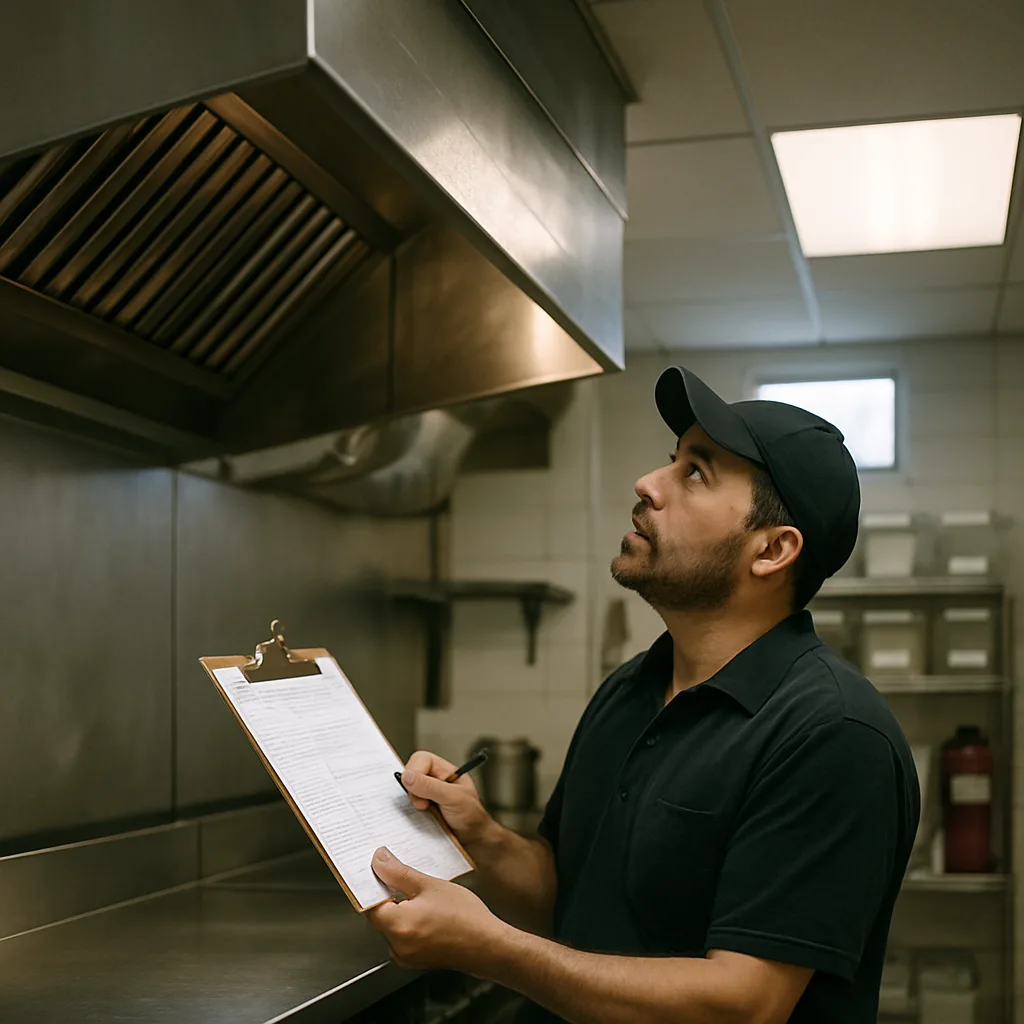 exhaust-system-inspection-checklist-sunnyvale-kitchen Kitchen manager reviewing inspection checklist under new exhaust system in Sunnyvale