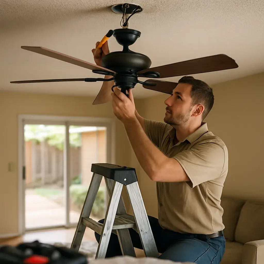 HVAC contractor installing ceiling fan wiring in Sunnyvale home living room