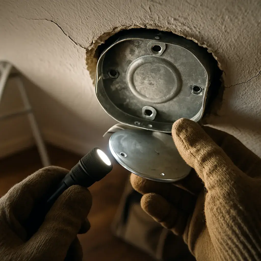 fan-installation-ceiling-box-inspection-sunnyvale Close-up of cracked ceiling box unsafe for fan installation in Sunnyvale