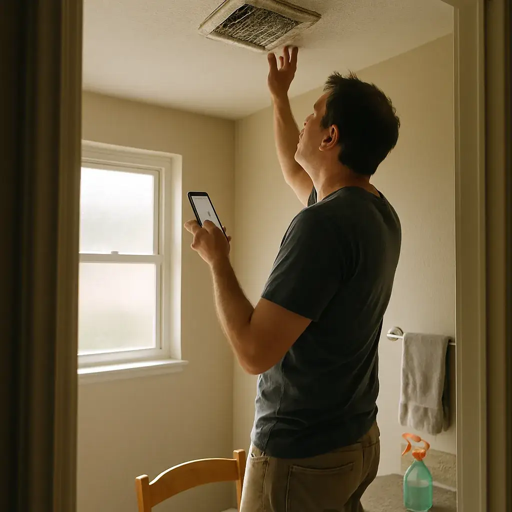 fan-installation-homeowner-ventilation-check-sunnyvale Homeowner checking bathroom ventilation fan before Sunnyvale service call