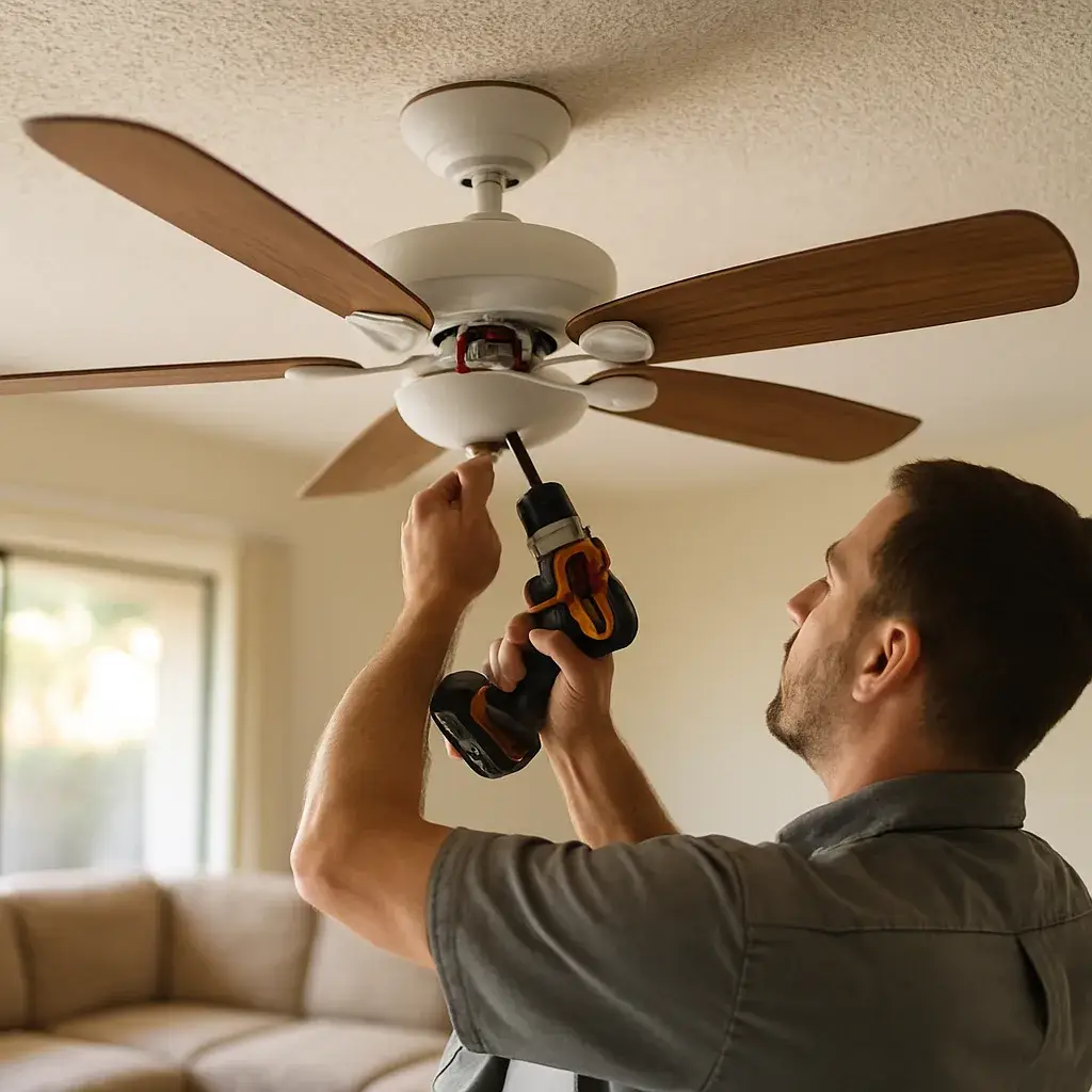 Technician repairing ceiling fan wiring in Sunnyvale home living room