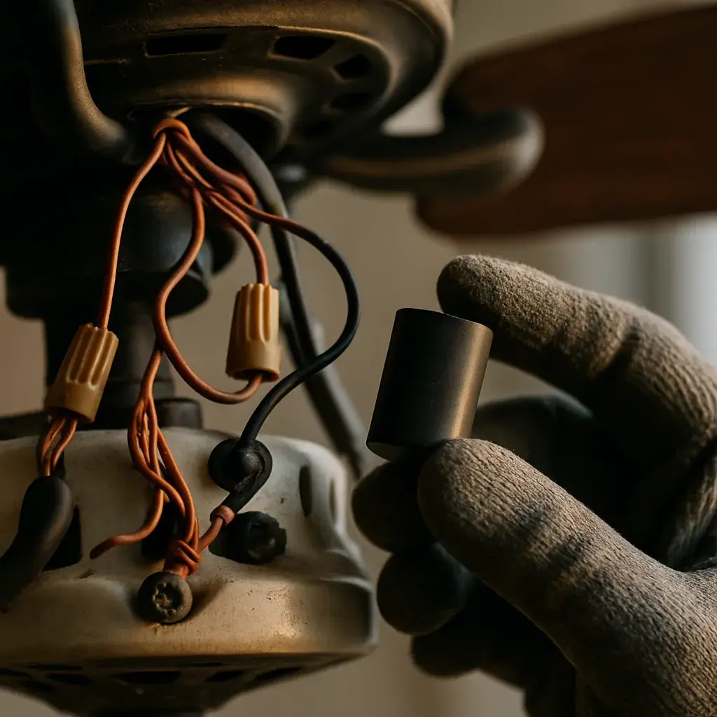 fan-repair-motor-capacitor-wiring-detail-sunnyvale Close-up of ceiling fan motor wiring repair with capacitor and copper wires