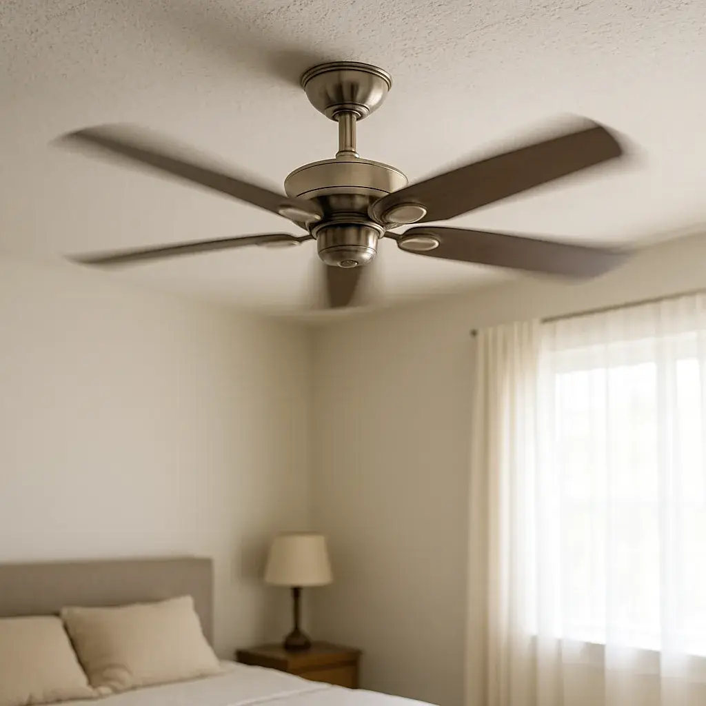fan-repair-completed-ceiling-fan-sunnyvale Repaired ceiling fan spinning smoothly in Sunnyvale bedroom after service