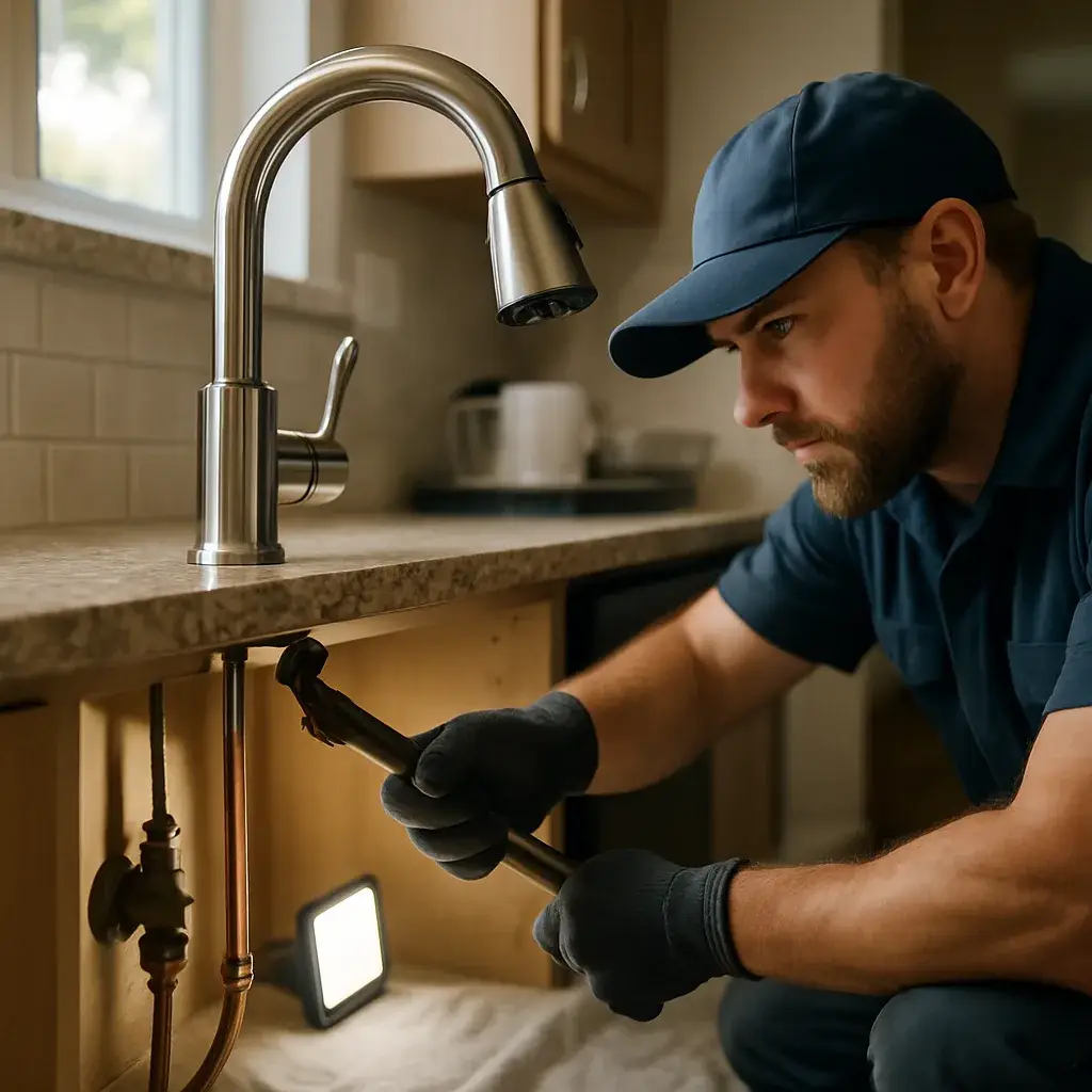 HVAC contractor installing faucet under kitchen sink in Sunnyvale home