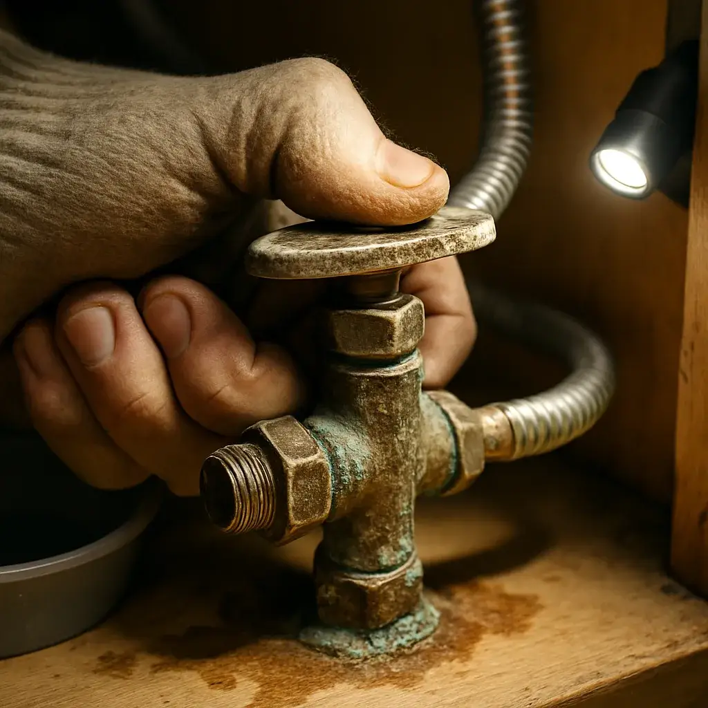 corroded-shutoff-valve-detail-faucet-installation-sunnyvale Corroded shutoff valve close-up during faucet installation in Sunnyvale
