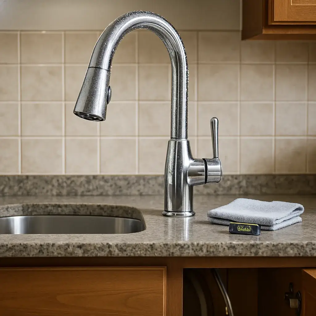 completed-faucet-installation-chrome-fixture-sunnyvale-kitchen Newly installed chrome faucet after installation service in Sunnyvale kitchen