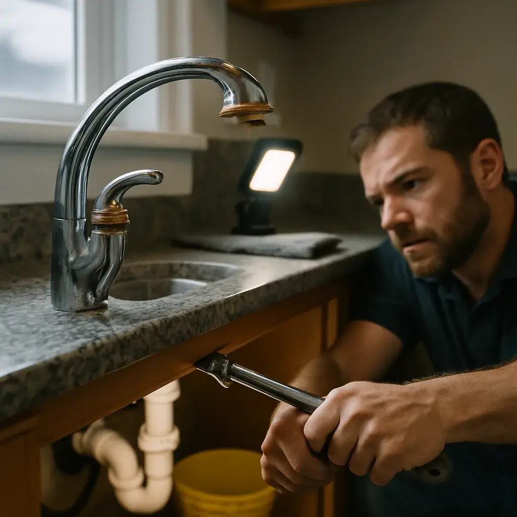 Technician repairing chrome kitchen faucet cartridge under sink in Sunnyvale home