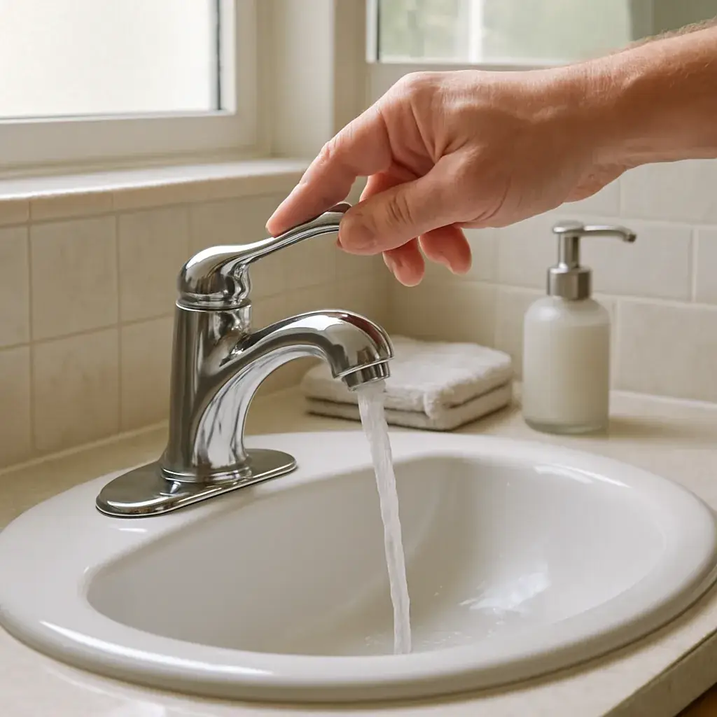 faucet-repair-completed-bathroom-sink-sunnyvale Repaired bathroom faucet running smoothly after Sunnyvale faucet repair service